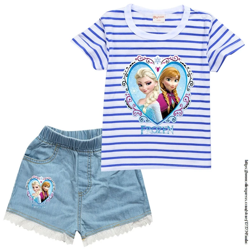 Hot Frozen Elsa Striped Children\'s summer girls cotton short sleeve T-shirt + denim Shorts set birthday gift 2pcs Set