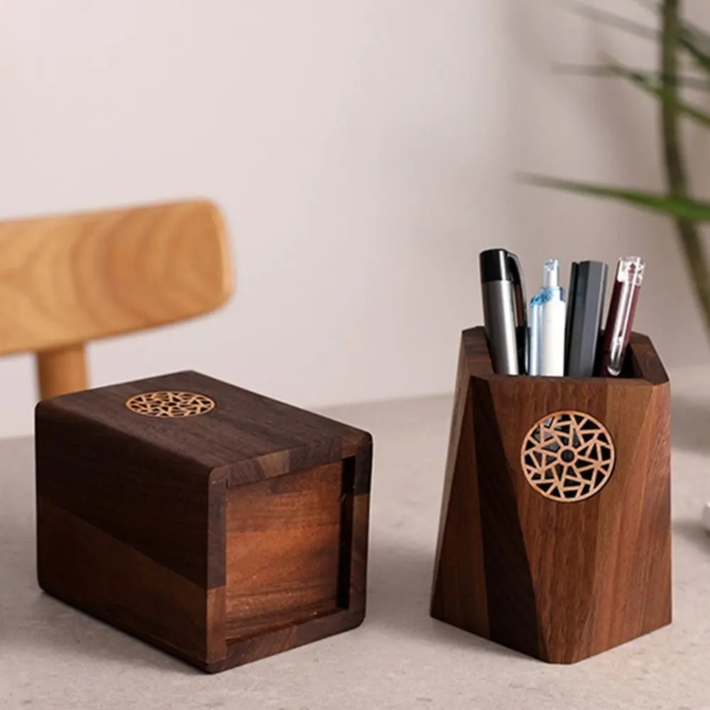 Multiple Use Wooden Pen Holder Black Walnut Vintage Marker Pen Storage Cup Square Shape Practical Wooden Pencil Box Office