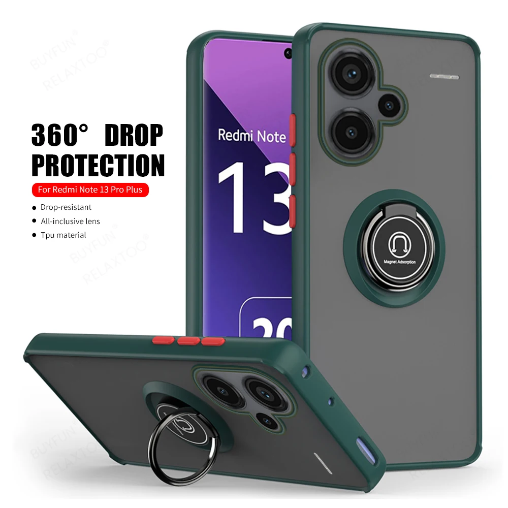 Magnet Holder Ring Matte Armor Case For Redmi Note 13 Pro Plus Pro+ 5G TPU Bumper Hard PC Clear Back Cover On Redmy Note13 4G 5G