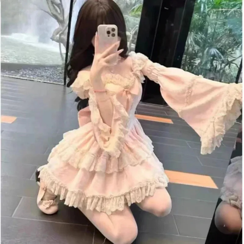 

2025 милое элегантное платье принцессы Лолиты, кавайное милое кружевное облегающее платье с оборками и бантом, японское мини-платье Harajuku Y2k, вечернее платье