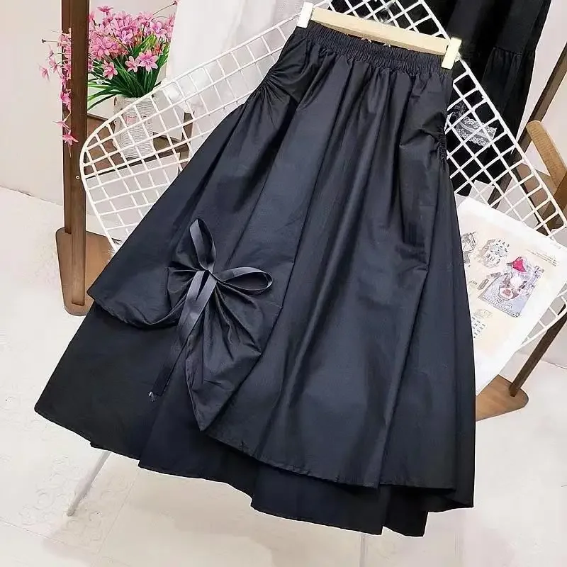 High-Waisted Slimming A- Line Skirt For Women Trendy BowSlimming Black Dress Sensible Design Umbrella Skirt Elegant Fashion