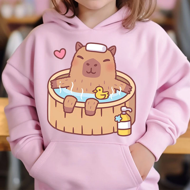 Schattige Capibara Houdt Van Bubble Tea Kids Hoodie Roze Plus Fluwelen Trui Herfst En Winter Tops Voor Meisjes