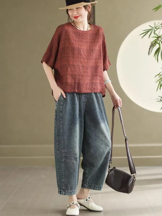 High-End Women's Vintage Waed Cotton Denim Pants Summer Loose Harem Carrot Pants High Waist Nine Points Casual Trousers