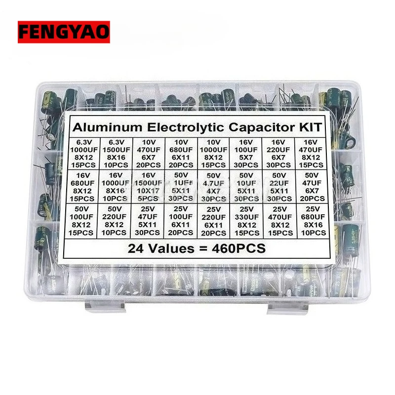 

460pcs/Box 24Values High Frequency Low ESR Aluminum Electrolytic Capacitor Kit 6.3V-50V 1uF-1500uF Capacitance DIP Assorted Set