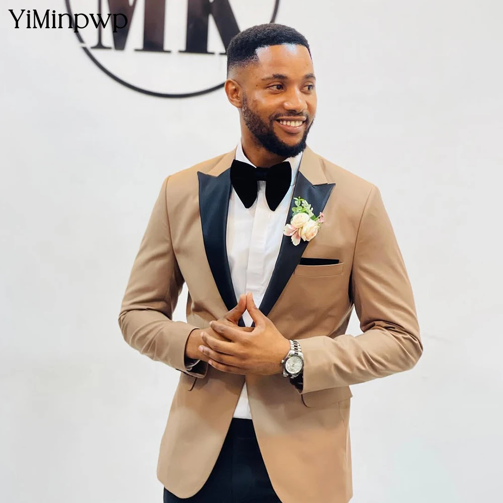 

YiMinpwp khaki Men's 2-Piece Suit Set Peaked Lapel Satin Tuxedo for Wedding Formal Events Blazer Pants Slim Fit Suit XS-5XL