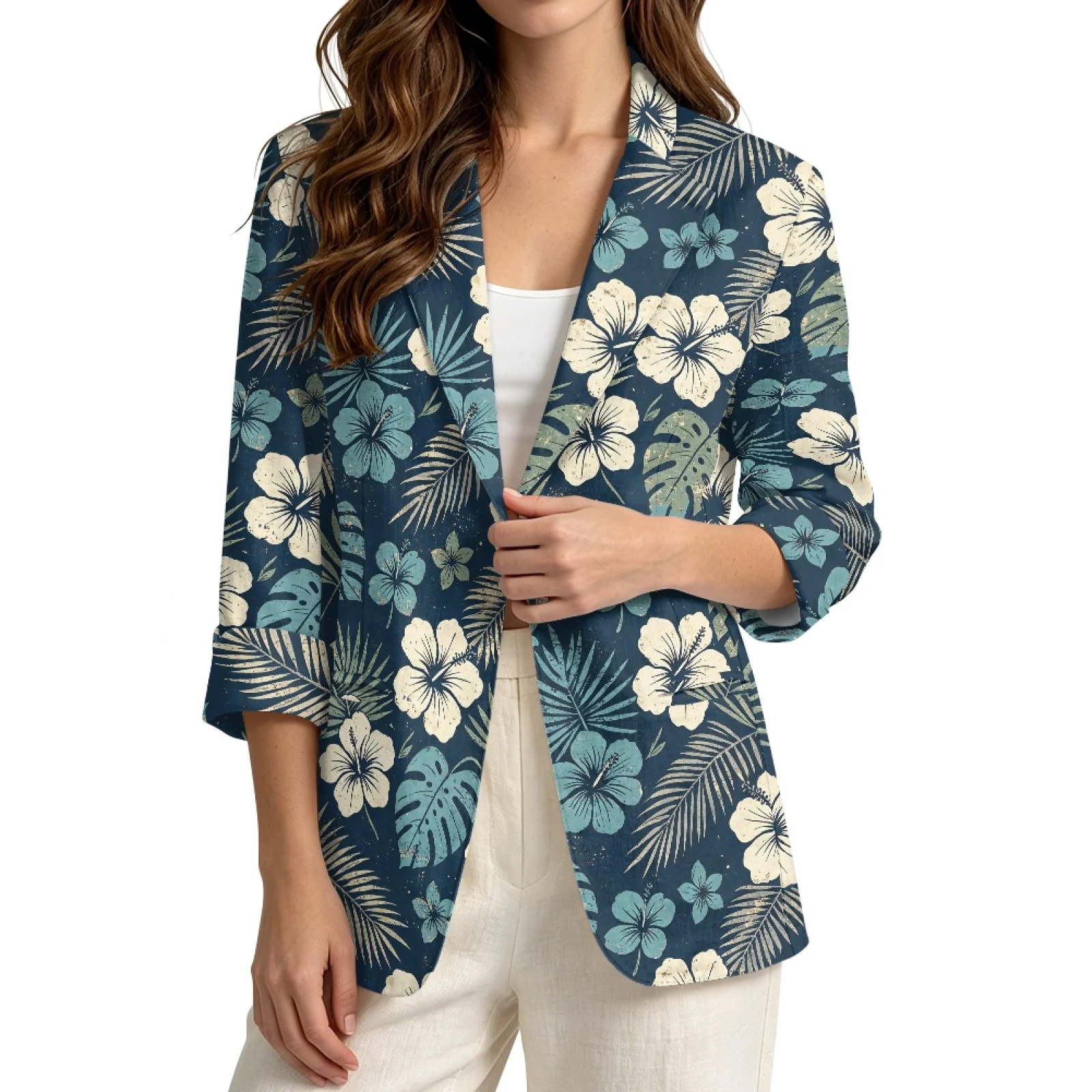 PENSTROLL Lightweight Linen Like Thin Coat 3/4 Sleeve Cardigan Jackets for Resort Wear Tropical Hibiscus