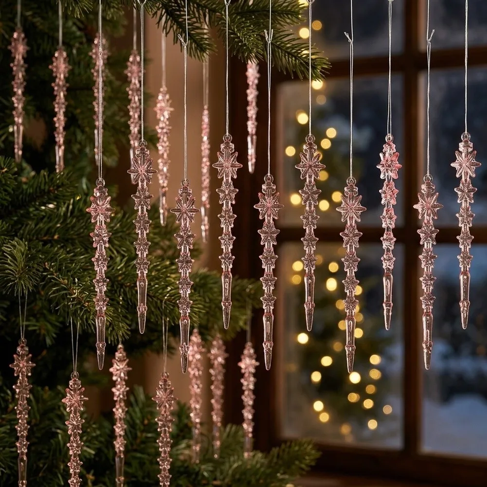 Snowflake Icicle Hanging Ornaments 48Pcs Clear Decor for Christmas Tree Window Mantel Party New Year Decoration