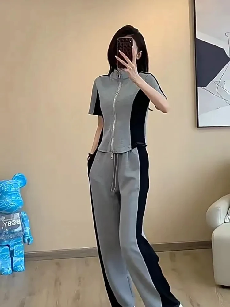 2024 Summer New Stitched Zipper T-shirt top Female Set Elegant Women's Jeans Casual Blouse Two Piece Set Ladies Tracksuits Suit