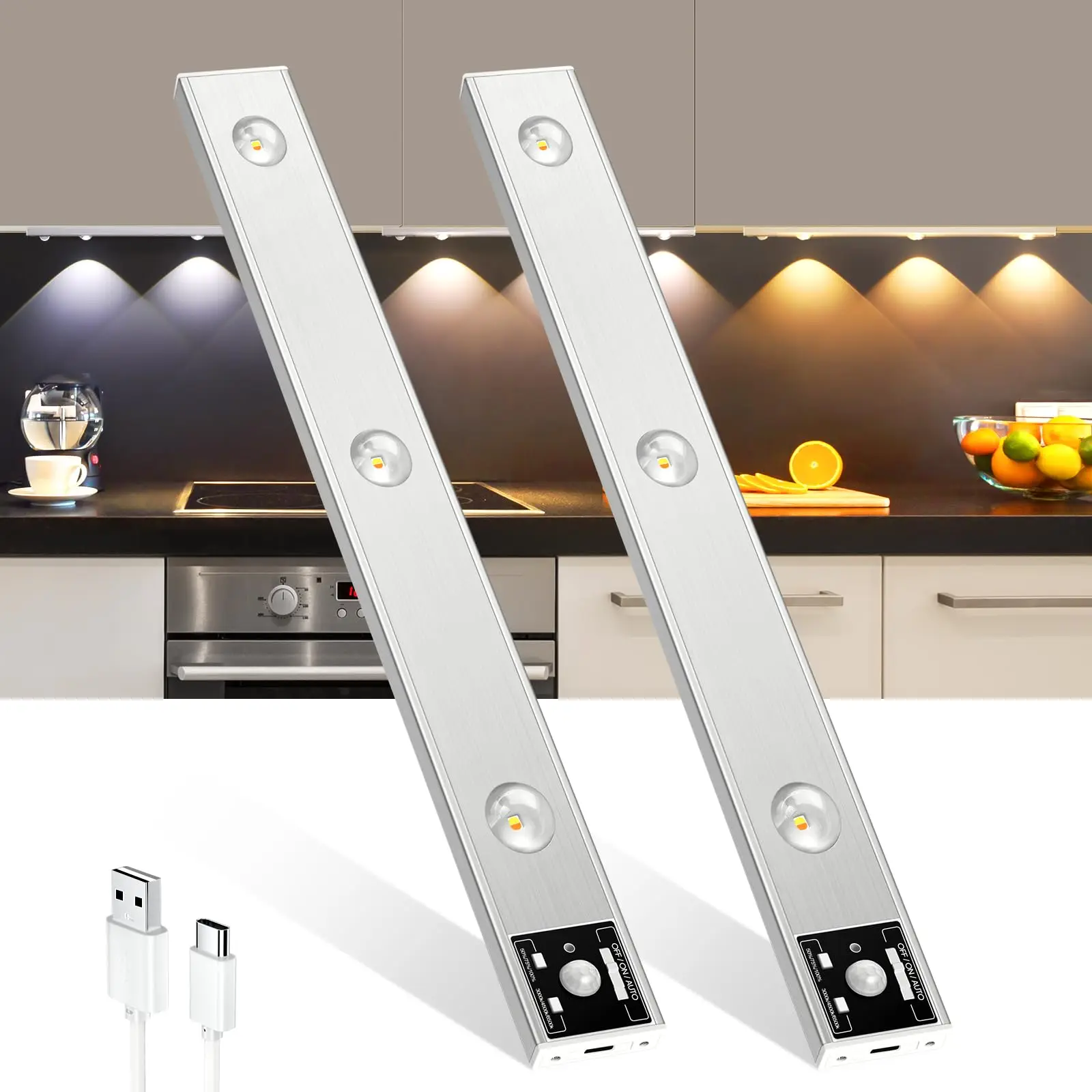 Motion Sensor Lights Under Cabinet Kitchen Lights LED Cupboard Light Magnetic Wardrobe Lights USB Rechargeable 3Colors Dimmable