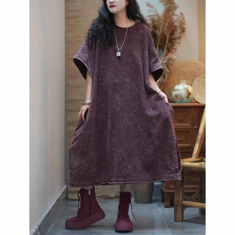 2026Side Split Design Good Quality Cotton Linen Dresses TX69 Summer New Arts Style Women O-neck Loose Vintage A-line Long Dress