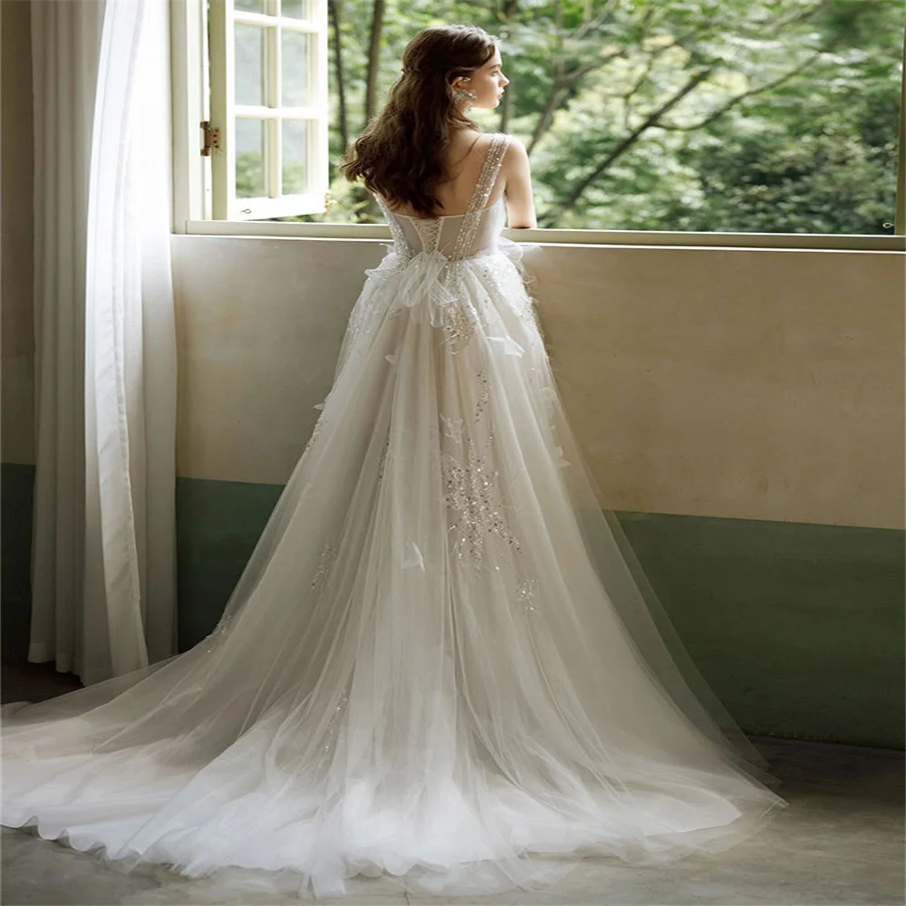 New Elegant Sheer Tulle Wedding Dresses Latest Styles Backless Prom Gowns  Mopping Length Princess Vestidos  Customized 078