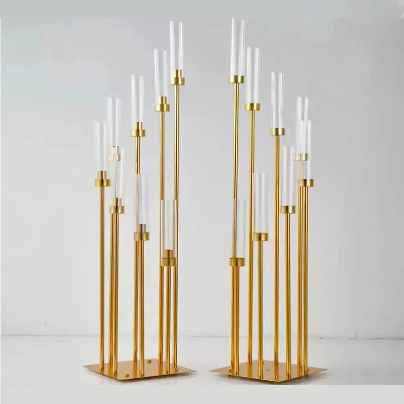 5/10 pcs 8 Heads Metal Candelabra Candle Holders Road Lead Table Centerpiece Gold Candelabrum Stand Pillar Candlestick wedding