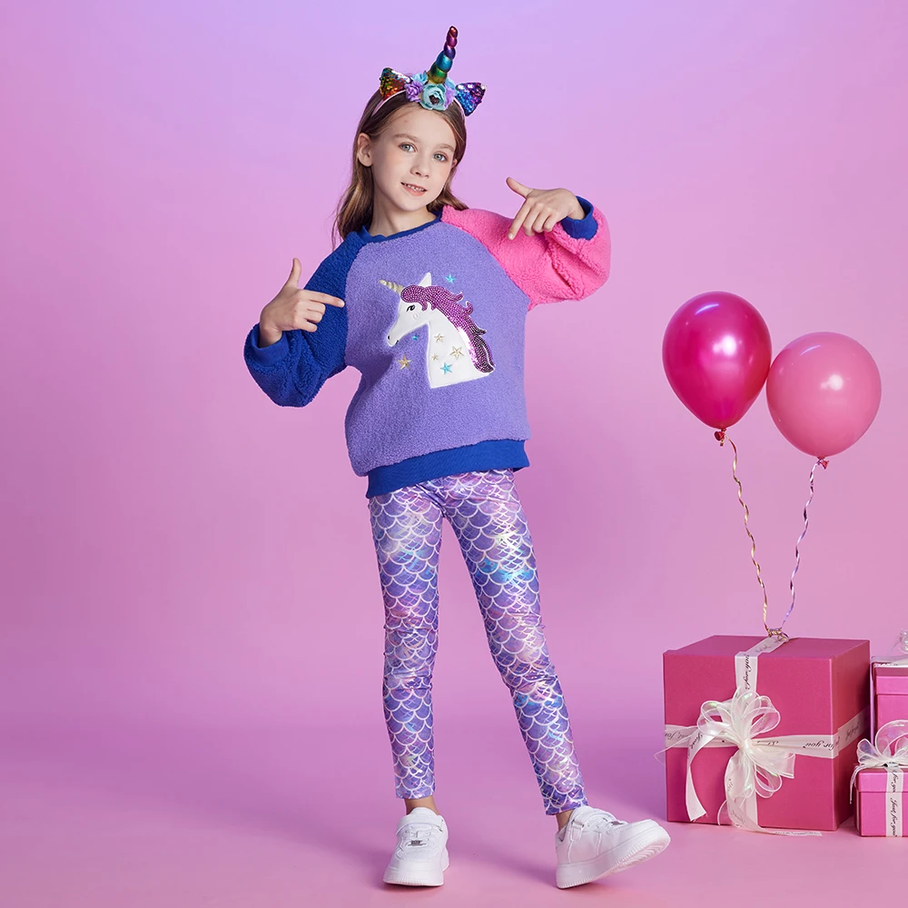 DXTON Kids Girls Fleece Pullover Sweatshirt Autumn Winter Warm Polar Fleece Girls Top Sequin Unicorn Applique Children Clothing