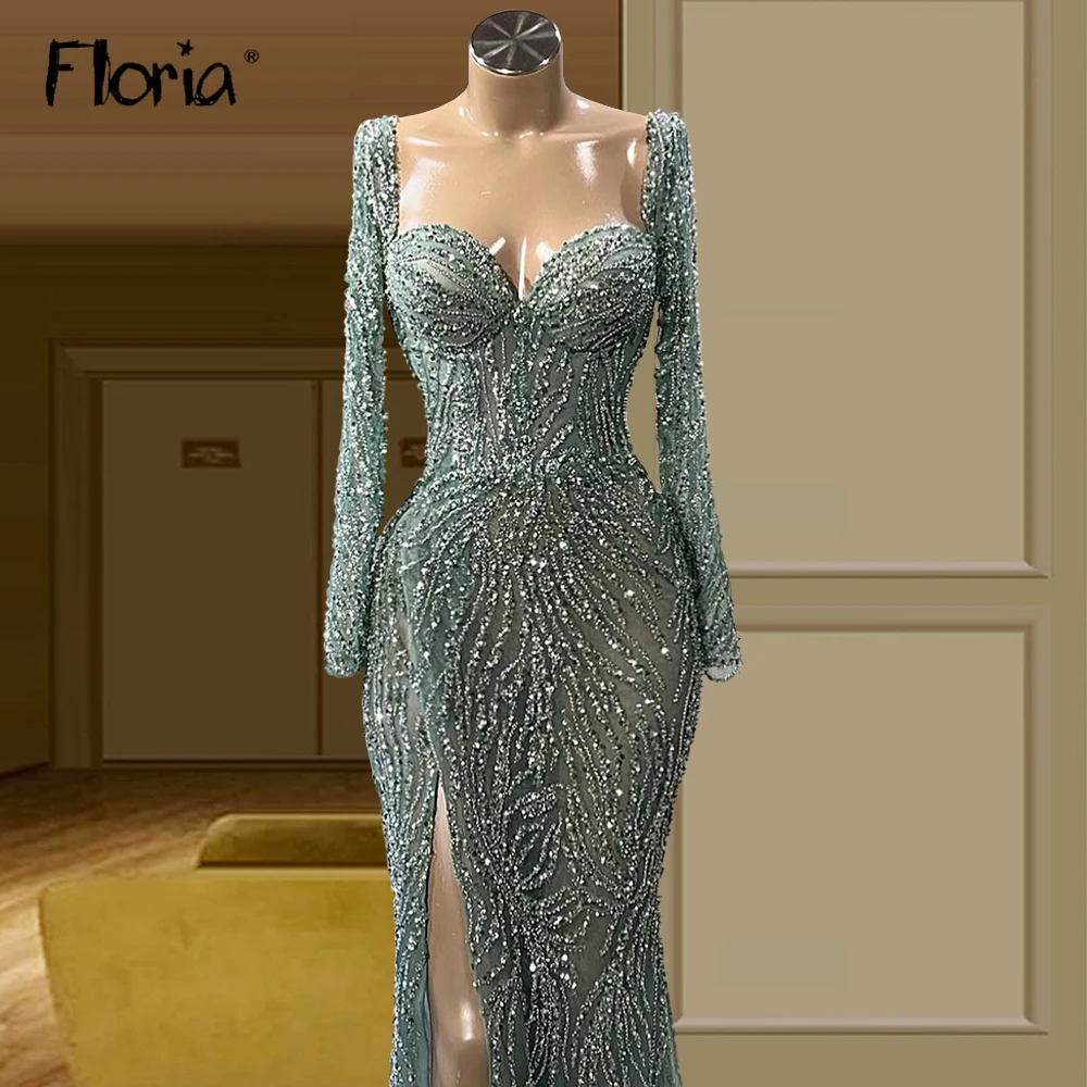 Sweetheart green elegante verde sereia vestidos de noite 2023 completo frisado manga longa luxo para festa casamento feminino