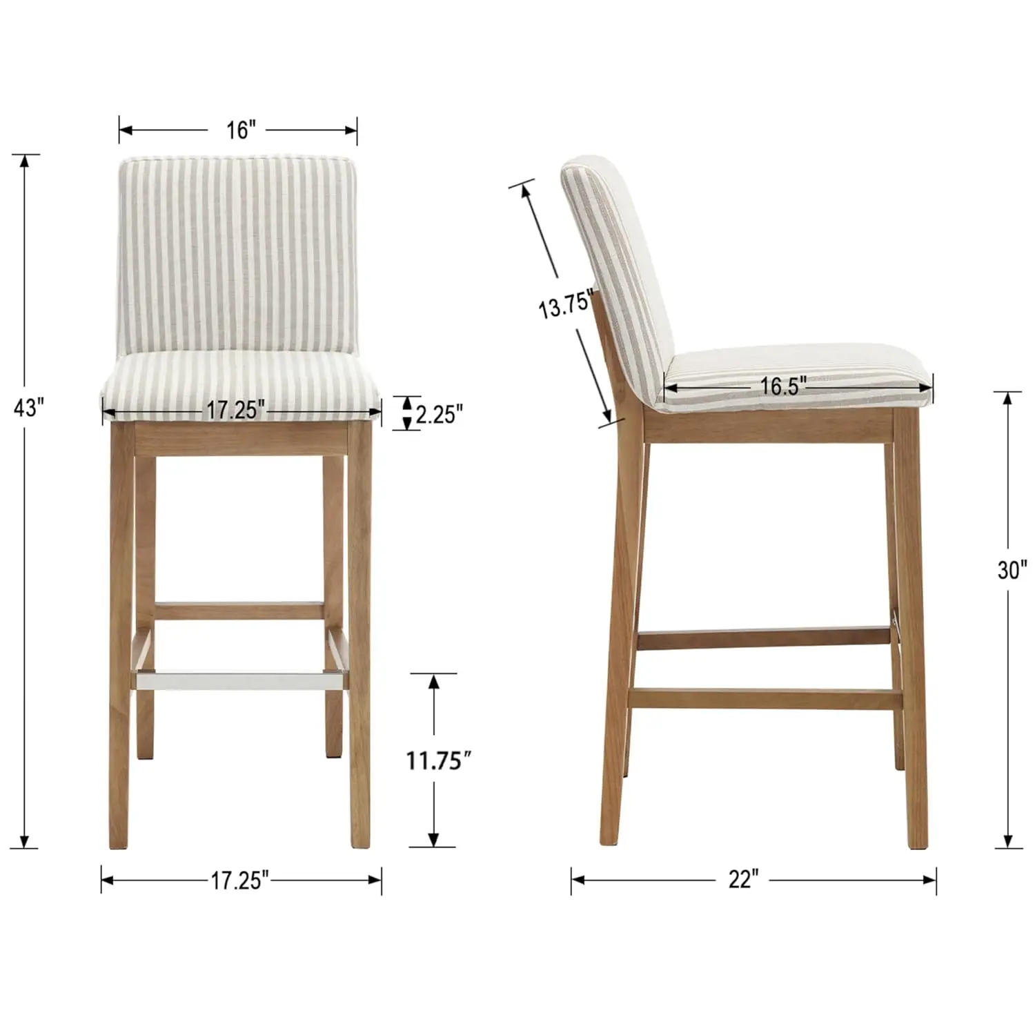 26 Inch Bar Stools Set of 2 with Back Support Linen Stripe, Customized