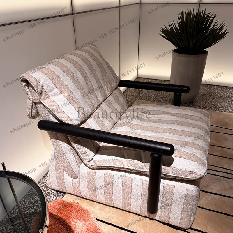 

French vintage striped lounge chair, small apartment fine linen designer living room solid wood armchair