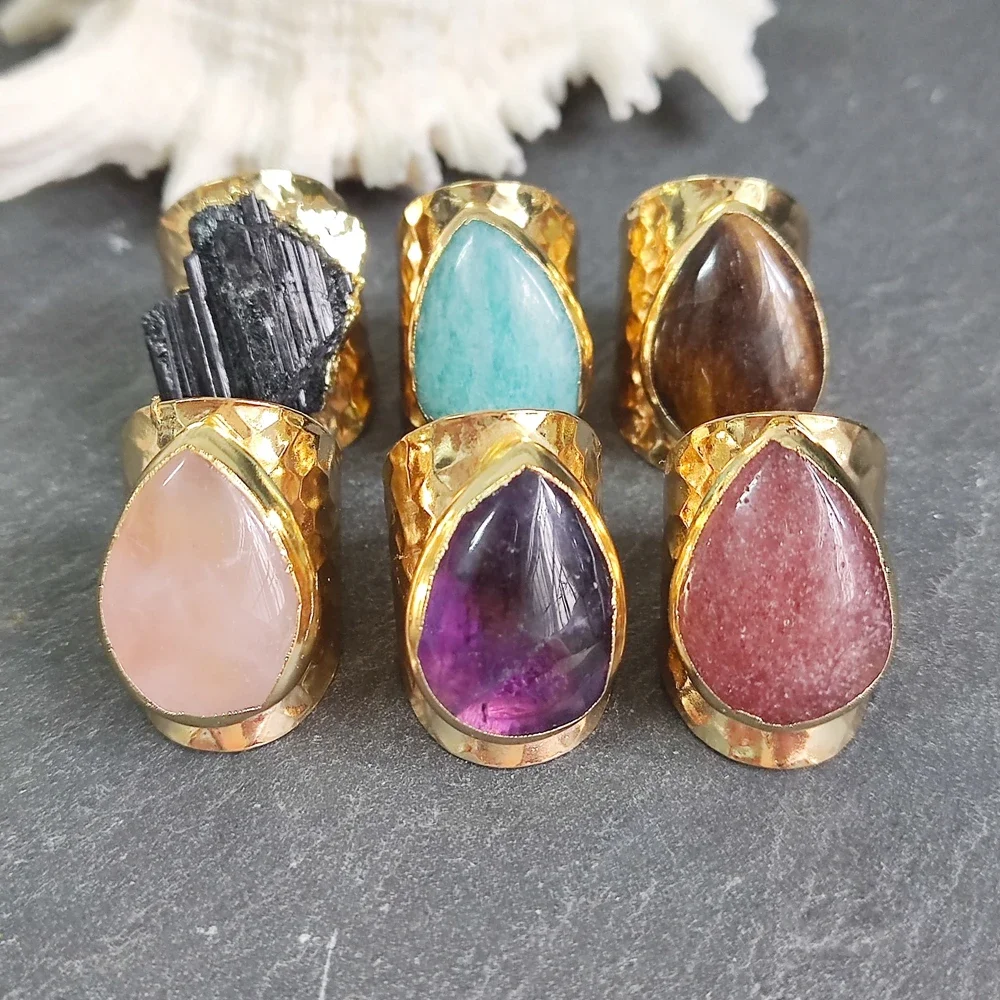 Gold Plated Teardrop Shape Natuarl Gems Amethyst Amazonite Crystal Stone Adjustable Rings for Women Men Fashion Jewelry