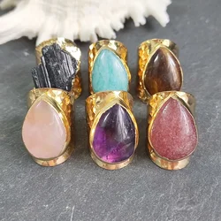 Gold Plated Teardrop Shape Natuarl Gems Amethyst Amazonite Crystal Stone Adjustable Rings for Women Men Fashion Jewelry