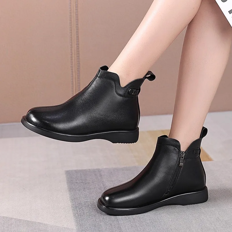 

GKTINOO 2025 Winter Genuine Leather Short Boots Handmade Lady Soft Flat Shoes Comfortable Casual Warm Fur Side Zip Ankle Boots
