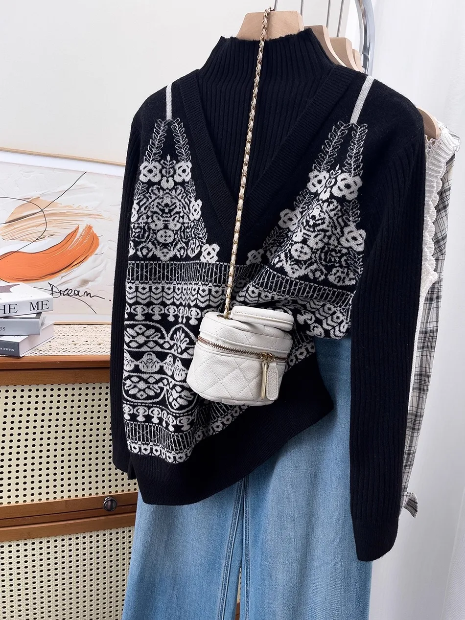 

Large Size Women's Knitted Sweater Autumn Winter Loose Belly Covering Faionable Floral Embroidery Fake Two-Piece Top Anti-A...