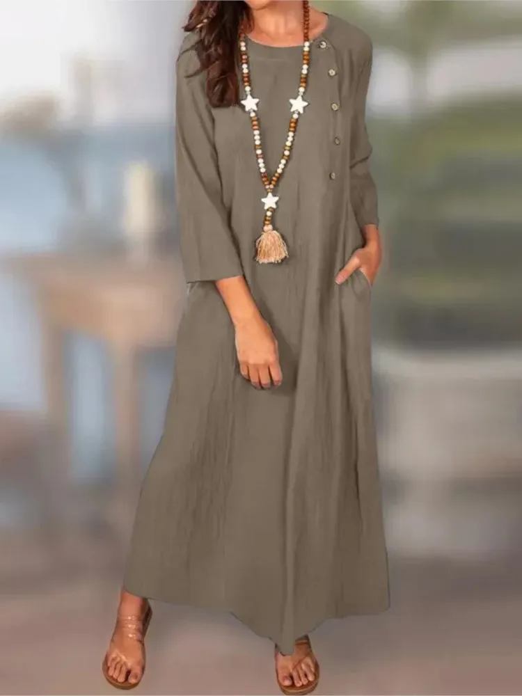 Vestido de moda de otoño elegante de lino y algodón para mujer vestido largo de Color sólido temperamento cómodo vestido de manga larga con cuello redondo