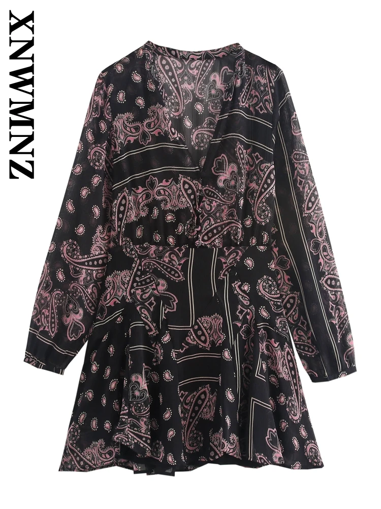 XNWMNZ 2024 New Autumn Woman's Casual Button Print Dress Mini Skirt Female Vintage Long Sleeve V-Collar Ruffles Top A-lineskirt