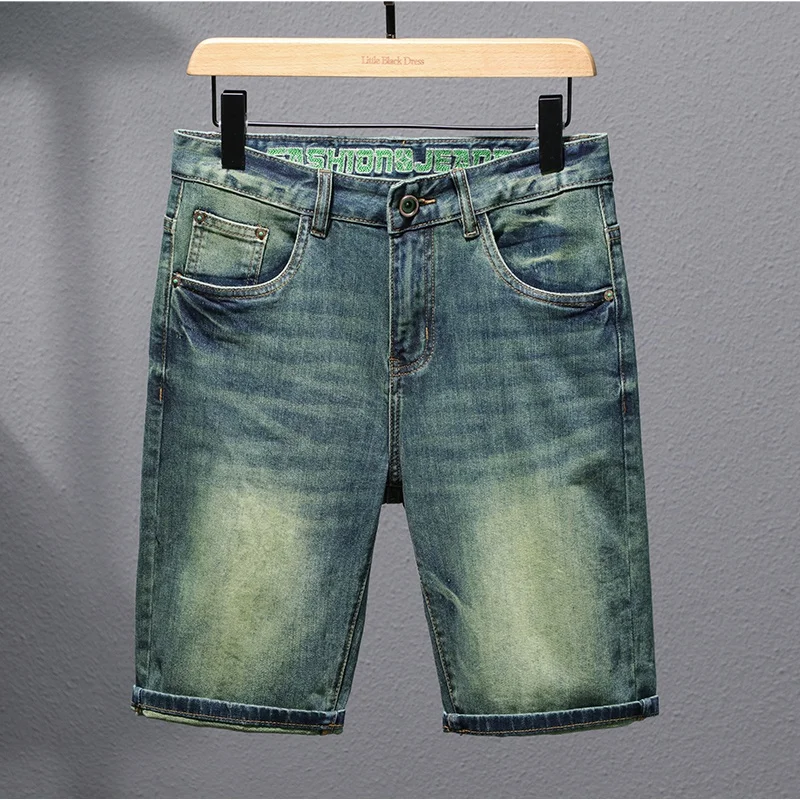 Retro Green Denim Shorts Men's Summer Stretch Fashion Fashion Brand Loose Straight American Casual Ruffle Handsome Shorts