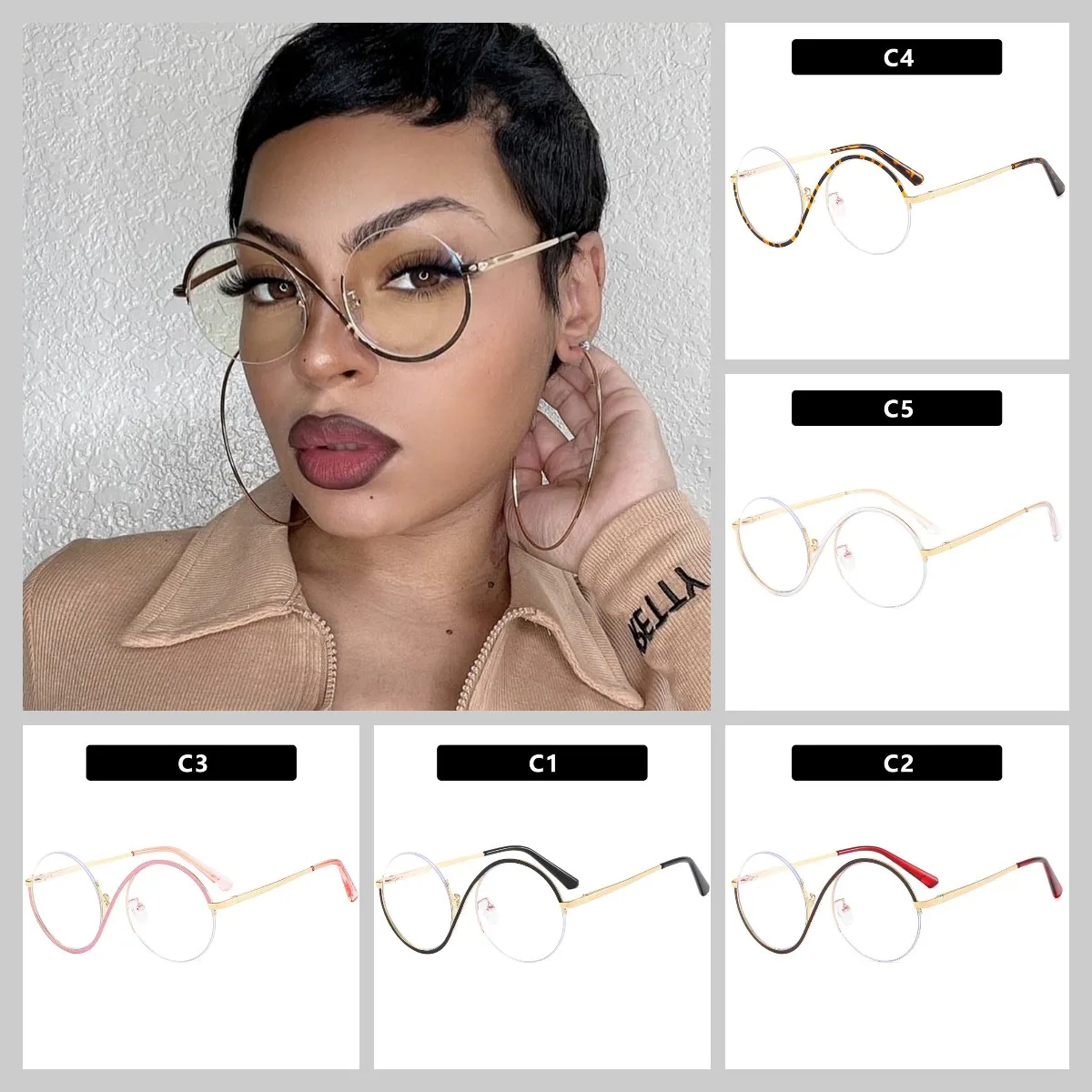 New Vintage Metal Half Frame Glasses Frames Eyeglasses Frames For Women Asymmetric Flat Lens Anti Blue Lens Half Frame Glasses