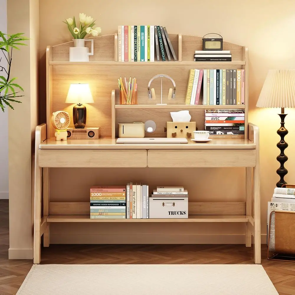Kids Desk＆Table Wooden Children’s Study Desk with Bookshel＆Two Ders Children Study＆Writing＆Computer＆Workstation or 3 and Above