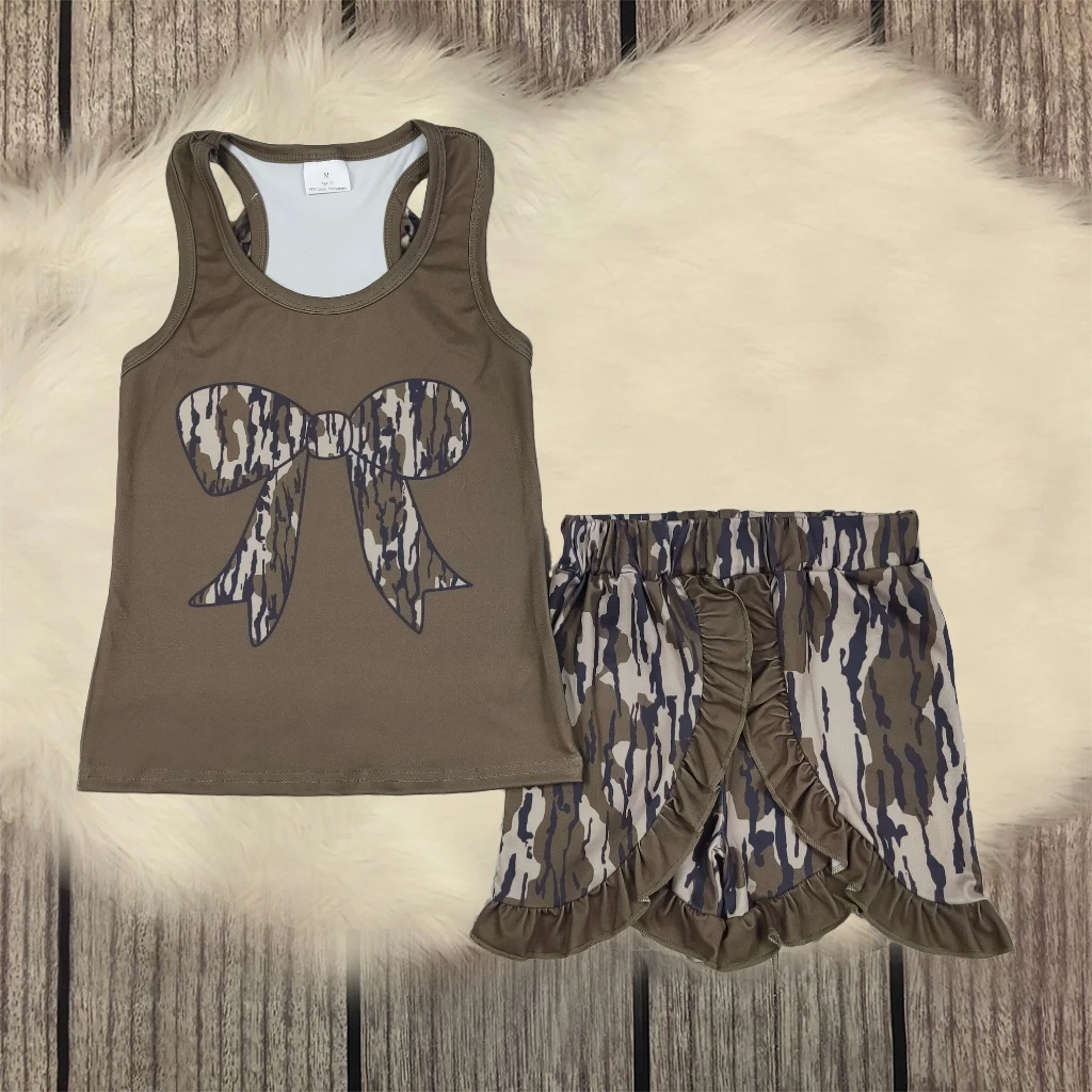 

Children Infant Outfit Baby Girl Set Toddler Sleeveless Bow Vest Shirt Kids Ruffle Camo Shorts Bottoms Suit Fashion Clothes
