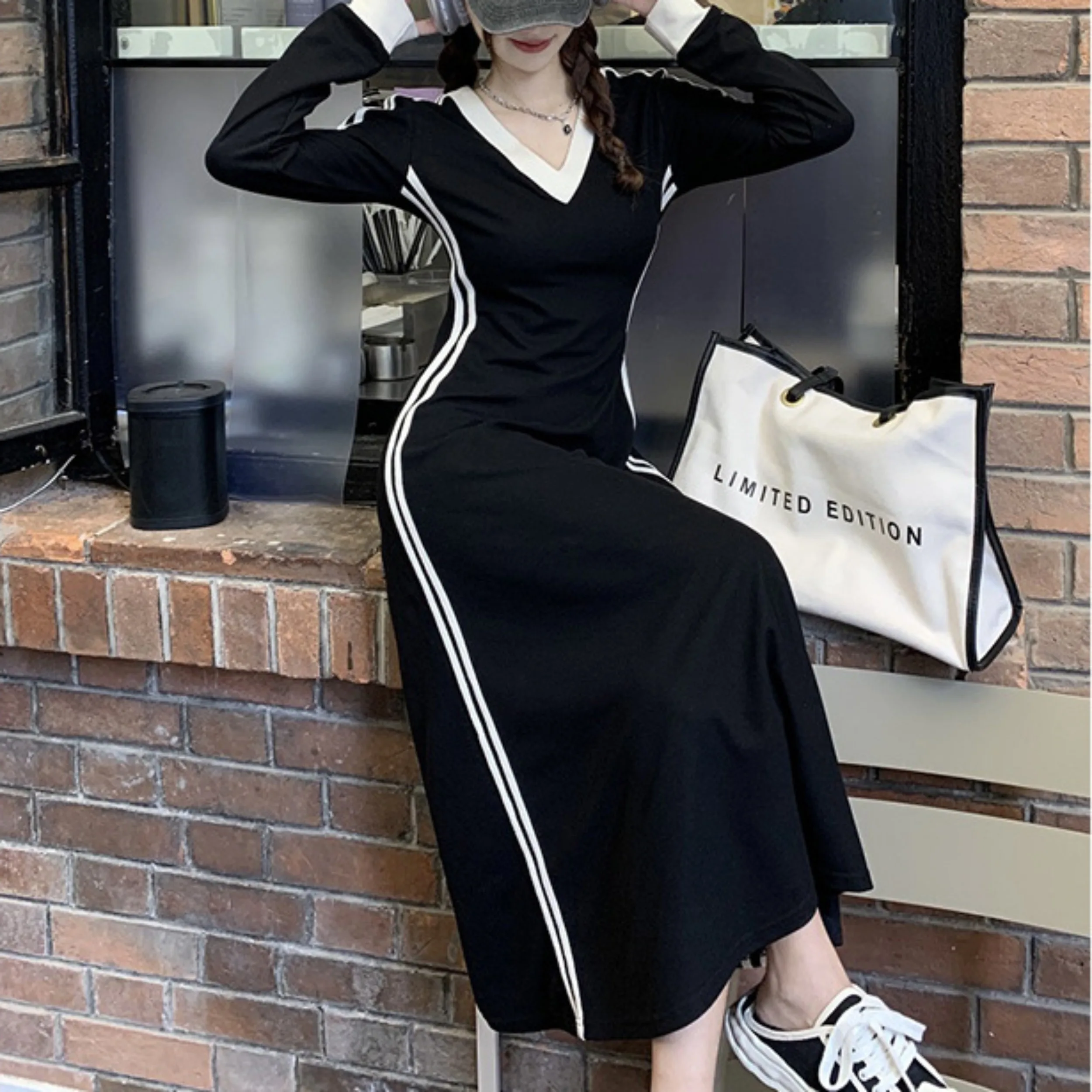 French Striped V-neck Long-sleeved Dress Women Fall Clothes Vintage Robe Casual Loose Dresses Korean Fashion Vestidos De Fiesta