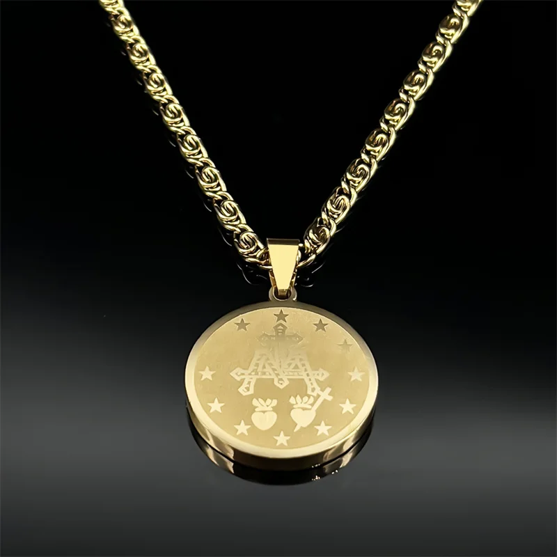 Hip Hop Virgin Mary Medal Wisiorek Naszyjnik dla kobiet Mężczyźni Stal nierdzewna Złoty / srebrny kolor Rhinestone Chrześcijańska biżuteria łańcuszkowa — zdjęcie 3