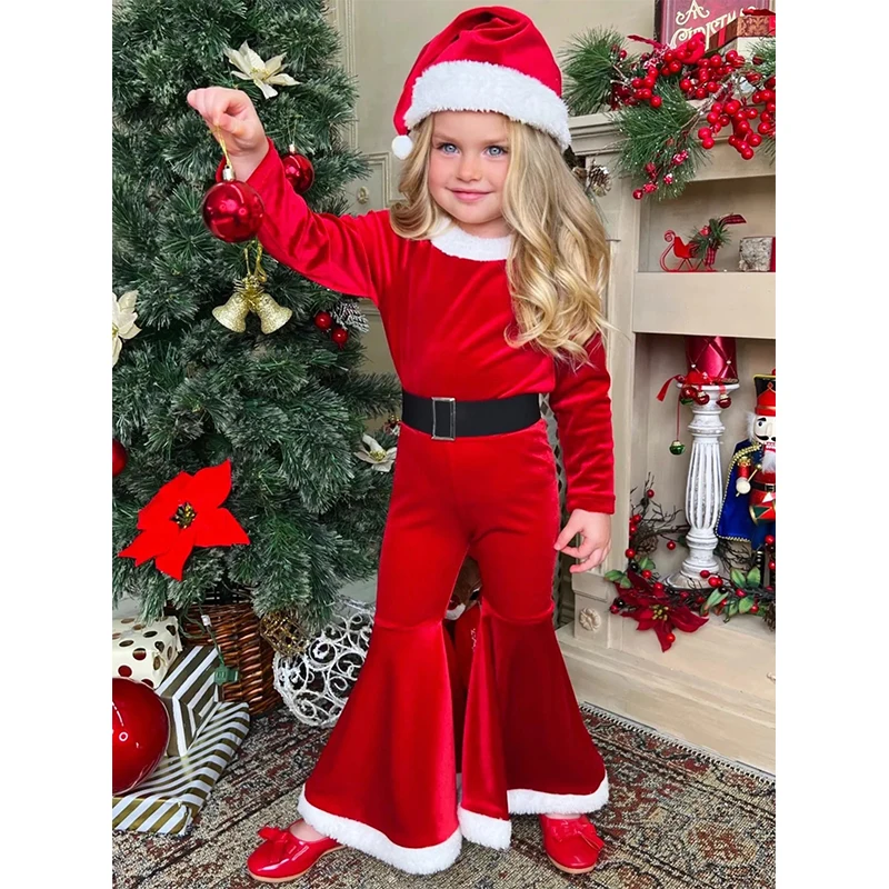 Peuter Meisje Jongen Kerst Outfit Fluwelen Top Flare Broek Hoed Nieuwe Jaar Volledige Set Little Santa Fluwelen Bell Bottom Set kostuum