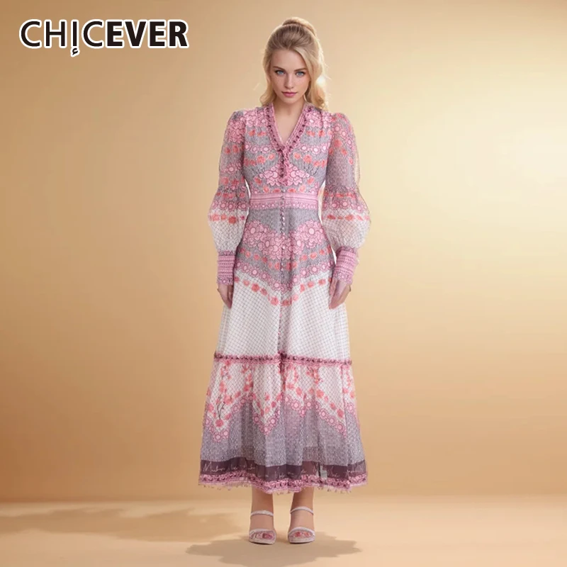 

CHICEVER Bandage Print Dresses For Women V Neck Long Sleeve High Waist Single Breasted Loose Folds Hit Color Maxi Dress Female