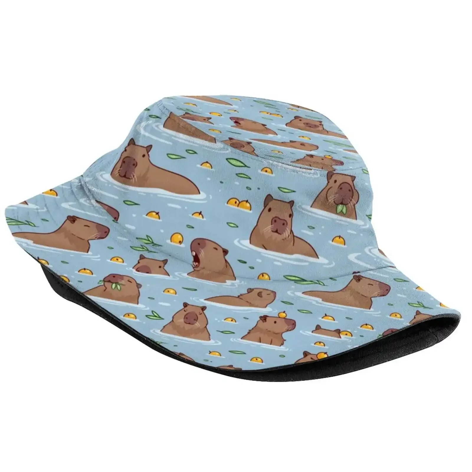 Bathing Capybara Pattern Sun Cap Fisherman Hat Bucket Hats Cabybara Rodent Cute Kawaii Pattern Water Oranges Fruit Pet Animal