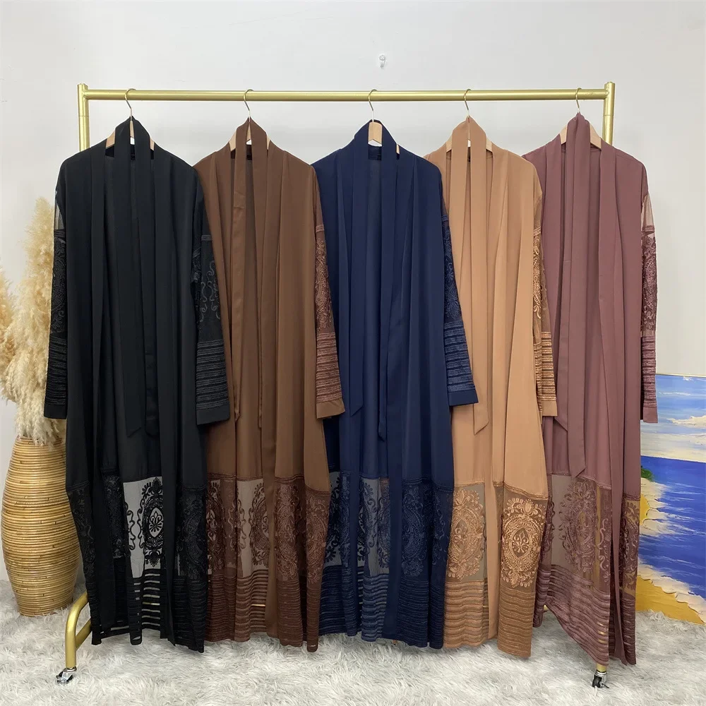 Embroidered Mesh Gauze Dubai Abaya Dress  India Turkey Muslim Abaya Dresses Women Wedding Party Dresses Cardigan Women's Abaya