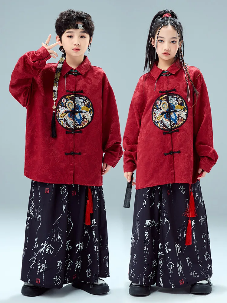 Kid Chinese Style Hip Hop Clothing Black Print Mesh Shirt Casual Wide Leg Pants for Girl Boy Jazz Dance Wear Costume Clothes Set