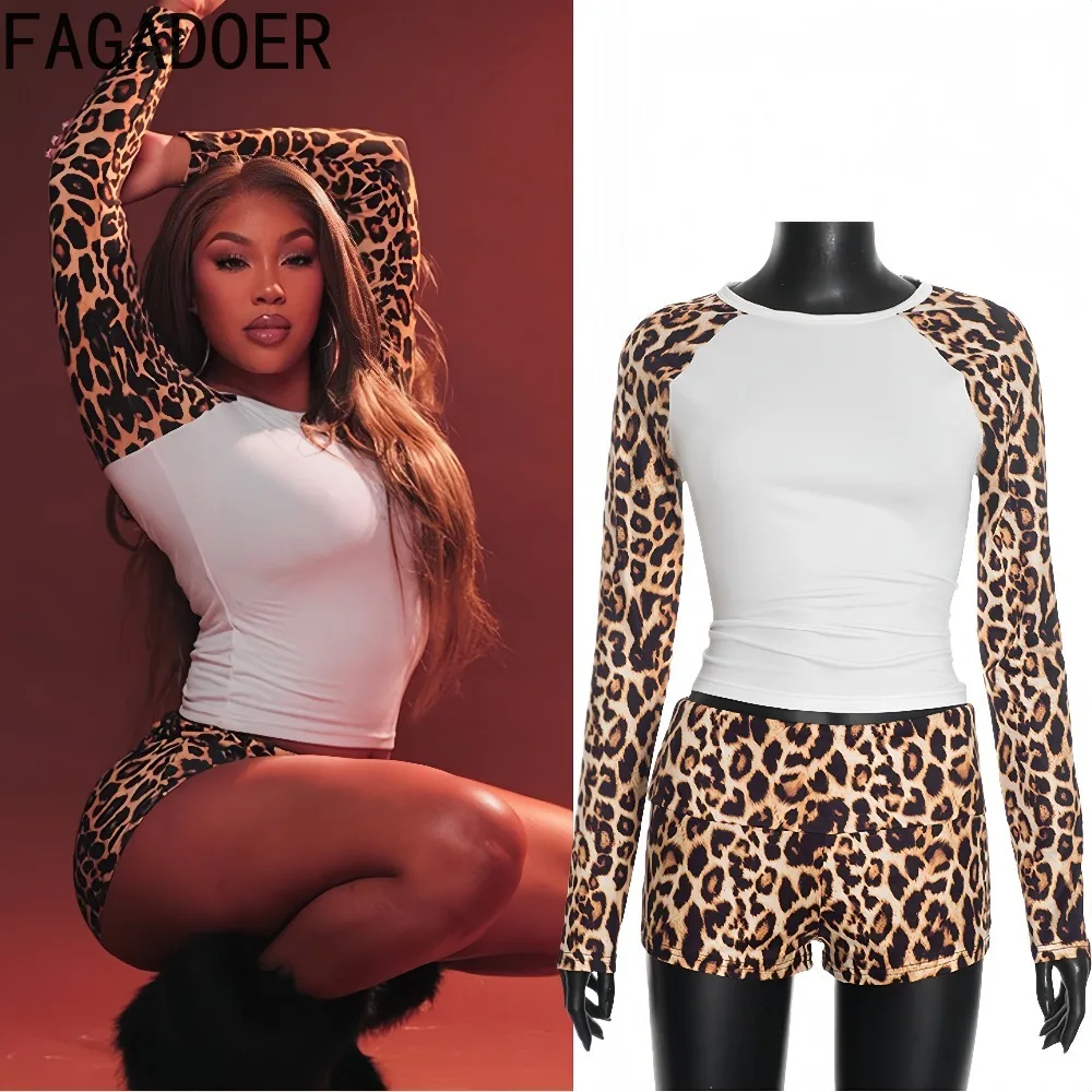 

FAGADOER сексуальные лоскутные наряды из двух предметов с леопардовым принтом, женские укороченные топы с круглым вырезом и длинными рукавами + шорты Siut, женская уличная одежда