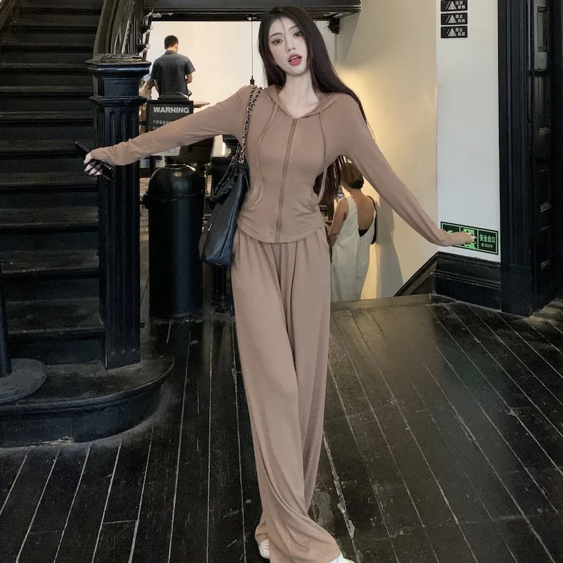 

Women Spring Summer Two Piece Set Hooded Cardigan Top Wide Leg Pants Long Sleeve Sun Protection Slim Fit Casual Outfit