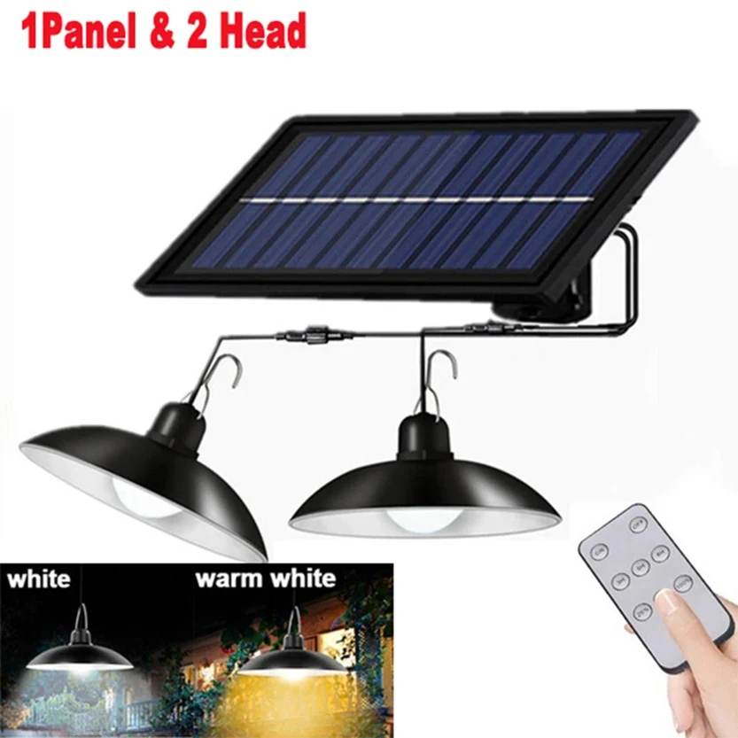 Solar Pendant Lights Outdoor Waterproof LED Lamp Double-head Chandelier Decoration with Remote Control for Indoor Shed Barn Room