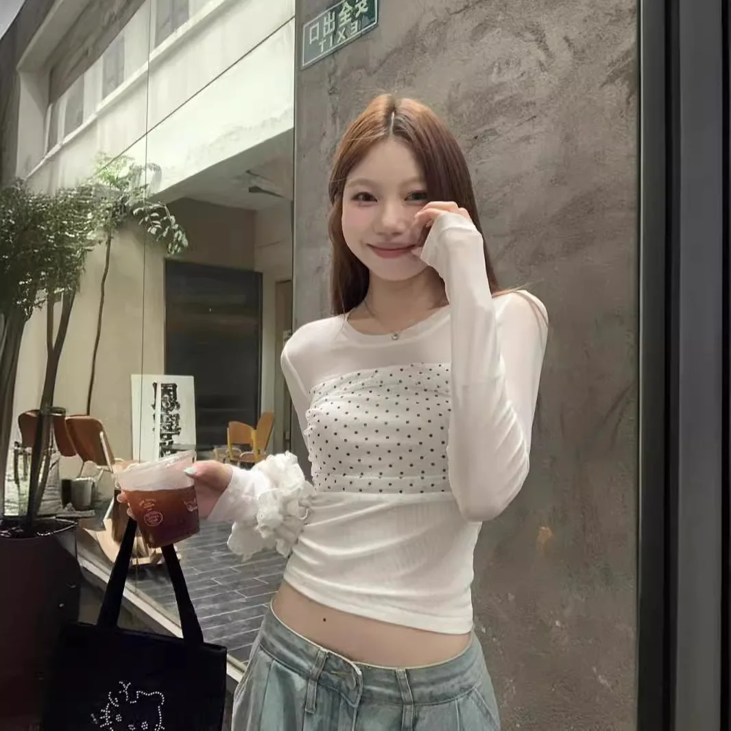 

2026 New Women Double Layer Mesh Long Sleeve Polka Dot Patchwork Slim Fit T Shirt Fashion Versatile Slimming Y2K Casual Top