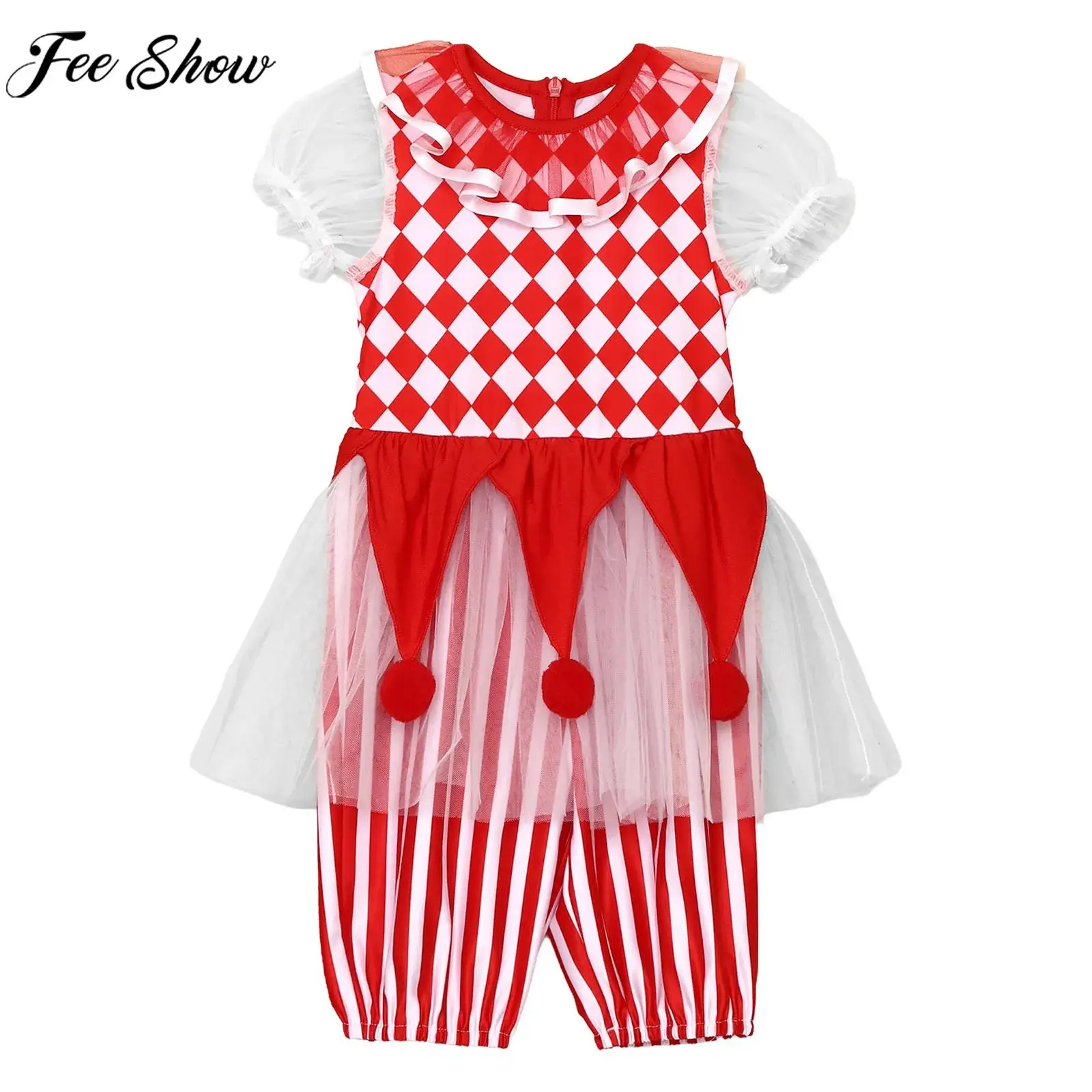 Baby Girls Circus Clown Costume Short Sleeve Zipper Mesh Skirted Jumpsuit Halloween Carnival Cosplay Party Photography Rompers