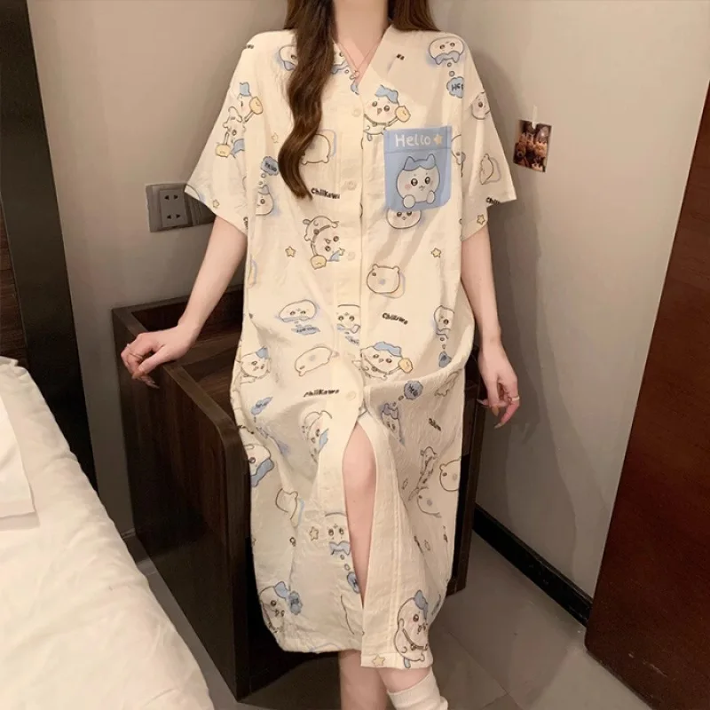 

Anime Hello Kitty Cloud Cotton Nightgown Summer Sweet Loose Sweet Short-Sleeved Cardigan Pajamas for Outdoor Wear for Women