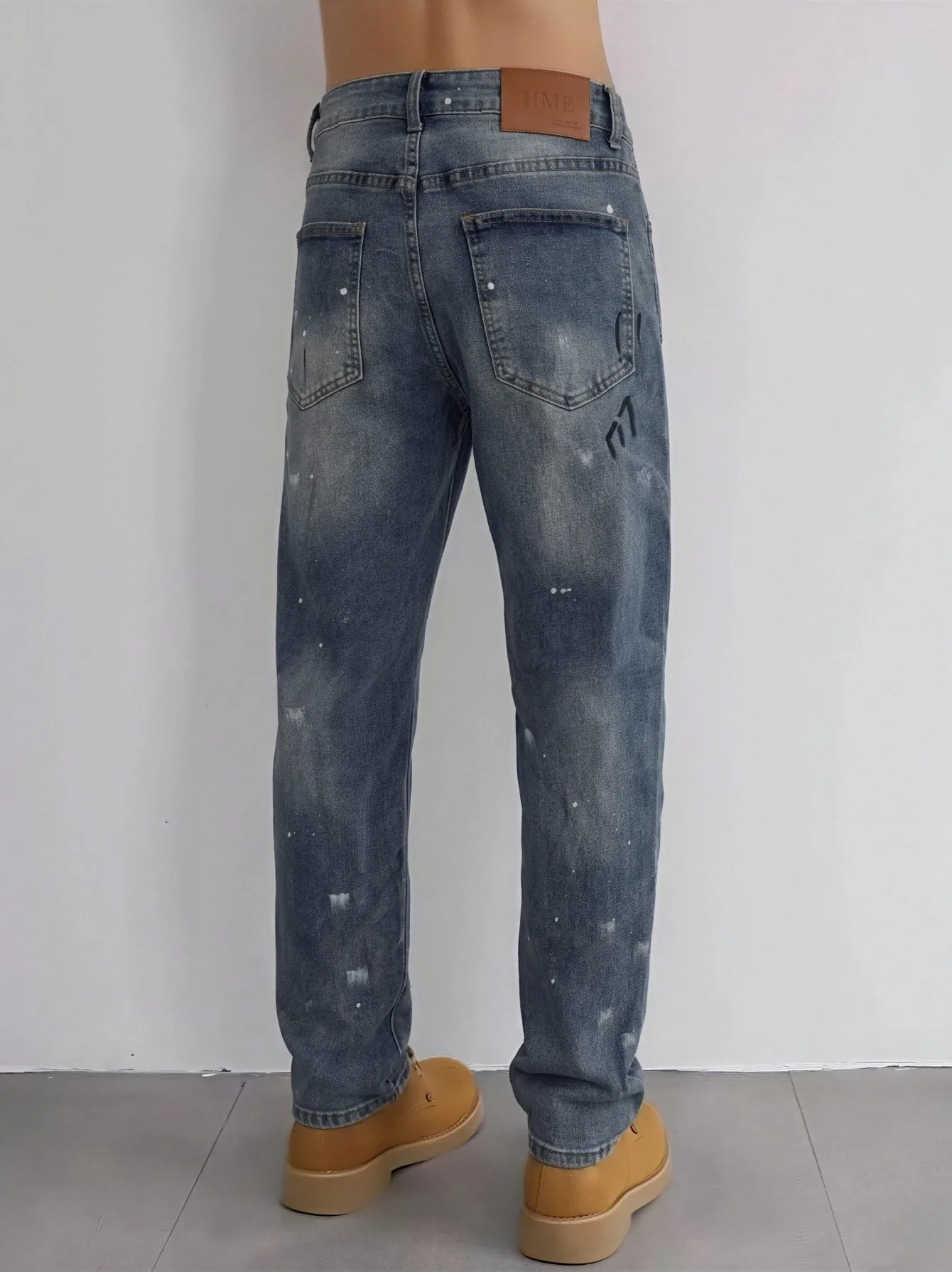 【HME】Men's Jeans | Ripped Distressed Denim Pants, Splash‑ink Painted Straight Denim Trousers, Frayed Hole Patch Work Casual Pants, Vintage Washed Denim Bottoms With Brand Leather Tag, Street Hip‑Hop Style Denim Wear For Male Daily Going‑out