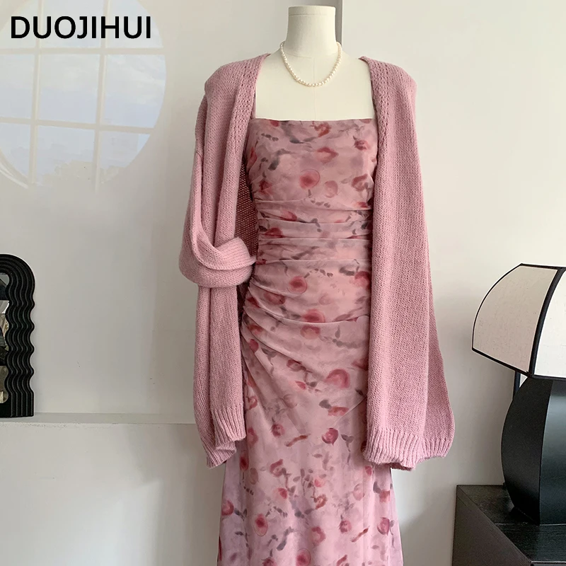 DUOJIHUI New Two Piece Pink Chicly Floral Female Dresses Sweet Loose Simple Elegant Fashion Slim Waist Zipper Casual Women Dress