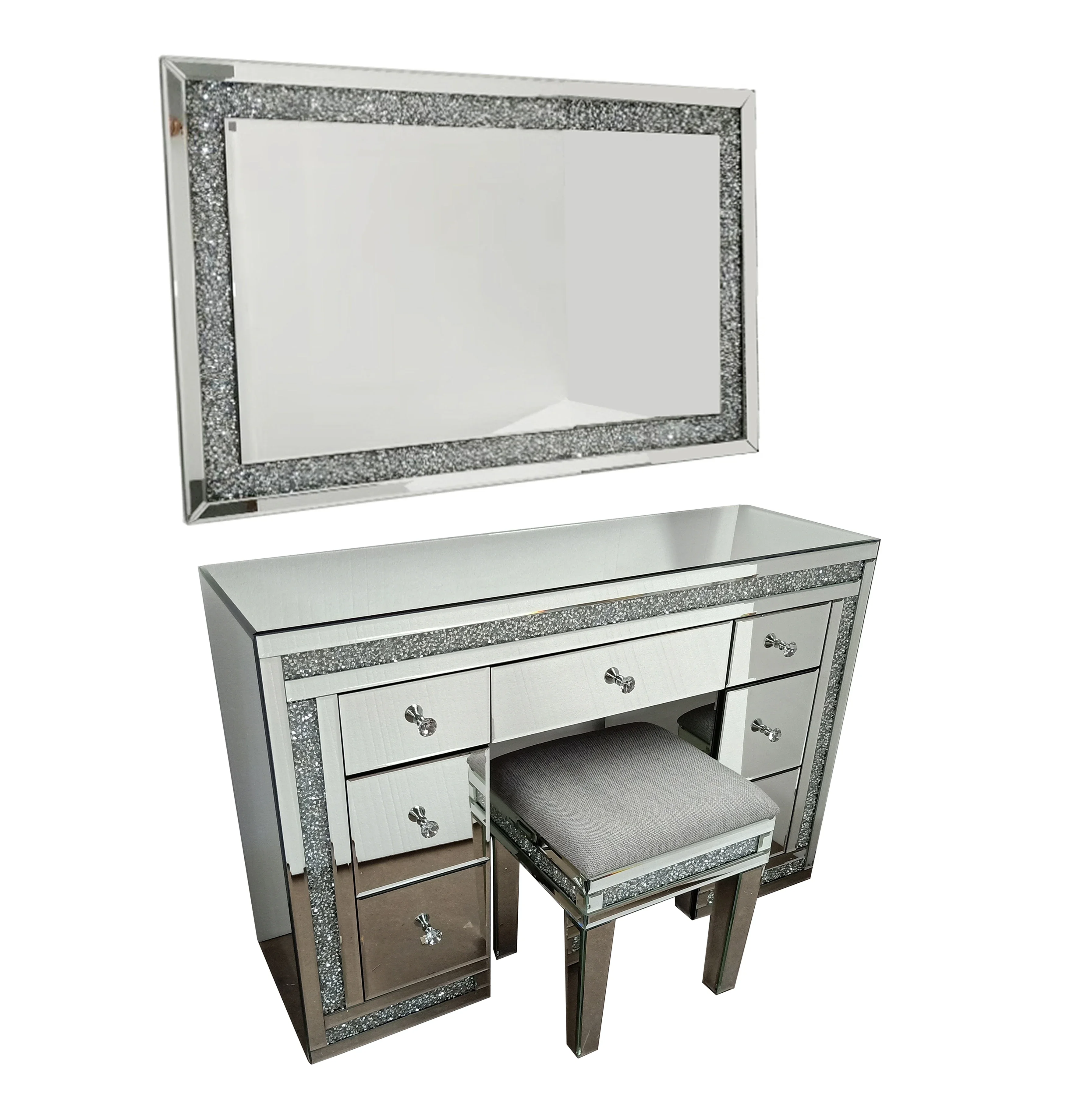 Modern Glam Mirrored Frame Shinny Crystal Decor Vanity Table Dresser Glass Dressing Table For Bedroom Furniture