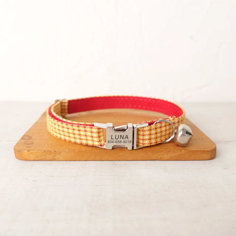 

Personalized Cat Collar Customized Nameplate ID Metal Buckle Adjustable Red Yellow Plaid Cat Collars with Bell