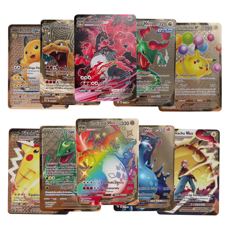 Cartões Metálicos de Pokémon em Espanhol, Charizard, Pikachu Vmax, Vstar, Rayquaza GX, Coleção de Cartões de Pokémon Dourados