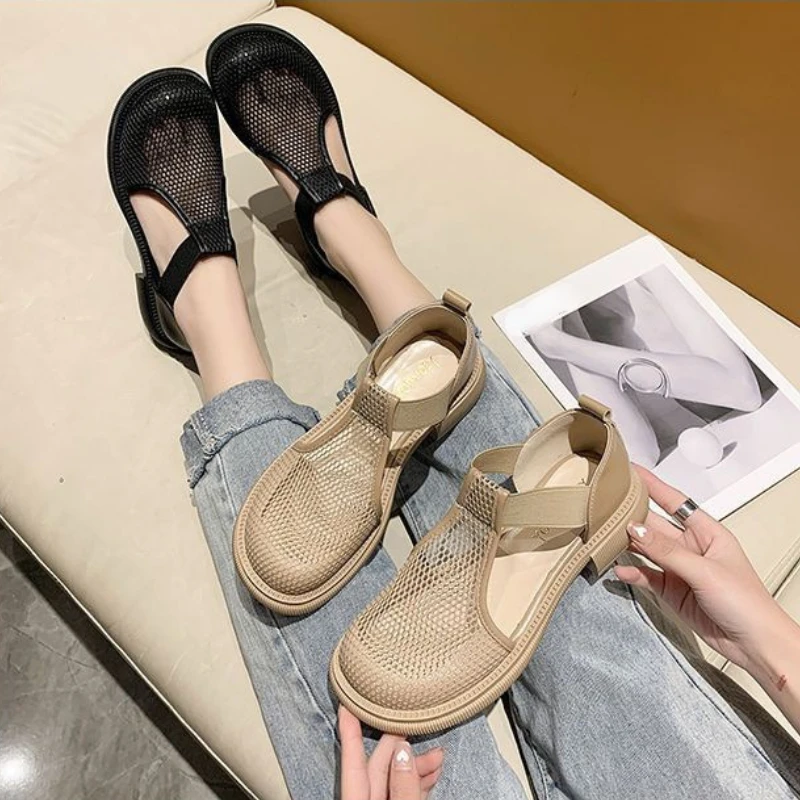 Women Mesh Sandals Novelties 2024 Summer Medium Heel Closed Toe Sandals Female Comfort Shoes Gladiators Footwear Sandalias Mujer