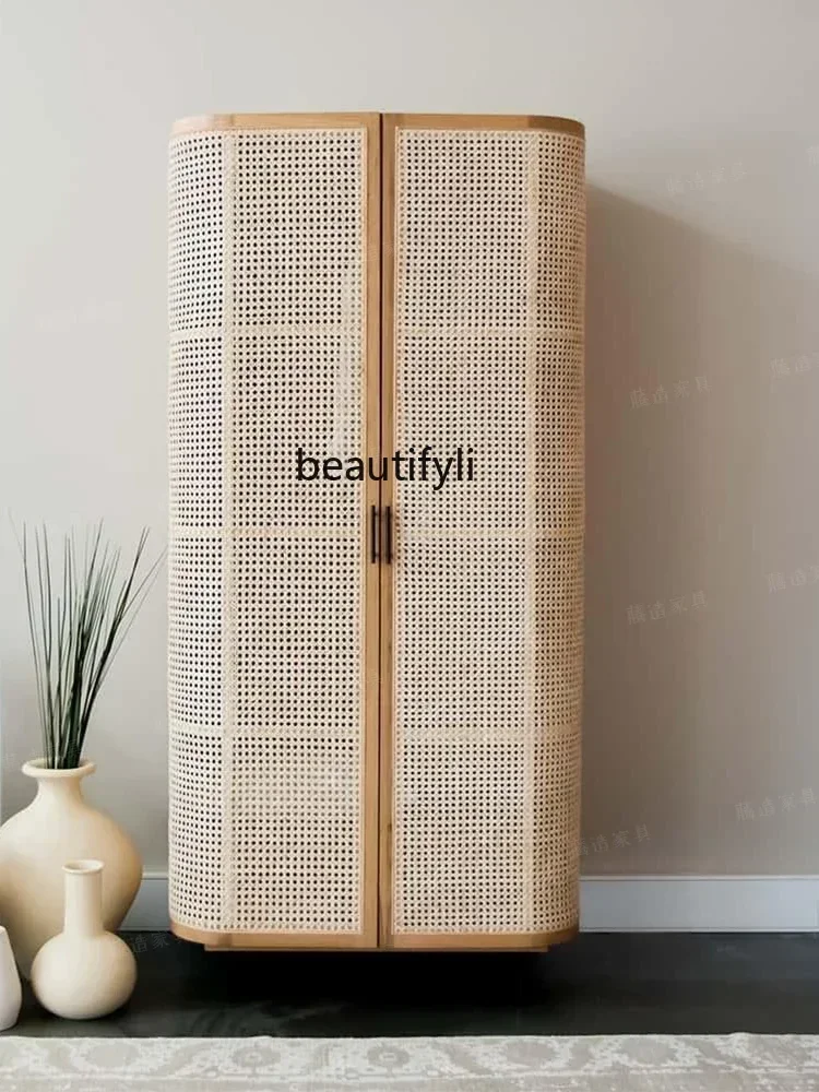Solid Wood Rattan Wardrobe Double-Door Single Minimalist Storage Double Door Log BreathableA